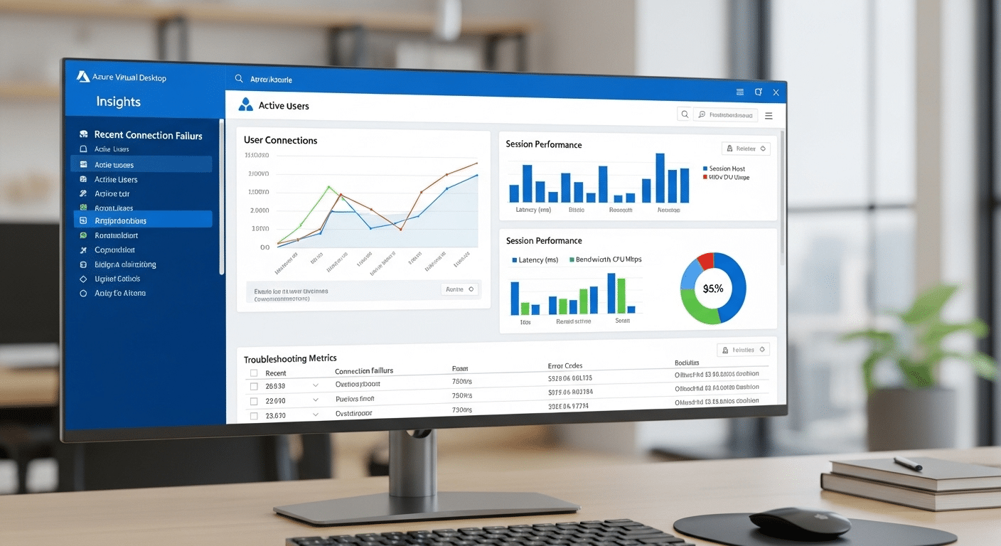 Azure Virtual Desktop Insights dashboard tracking user connections, session performance, and troubleshooting metrics.