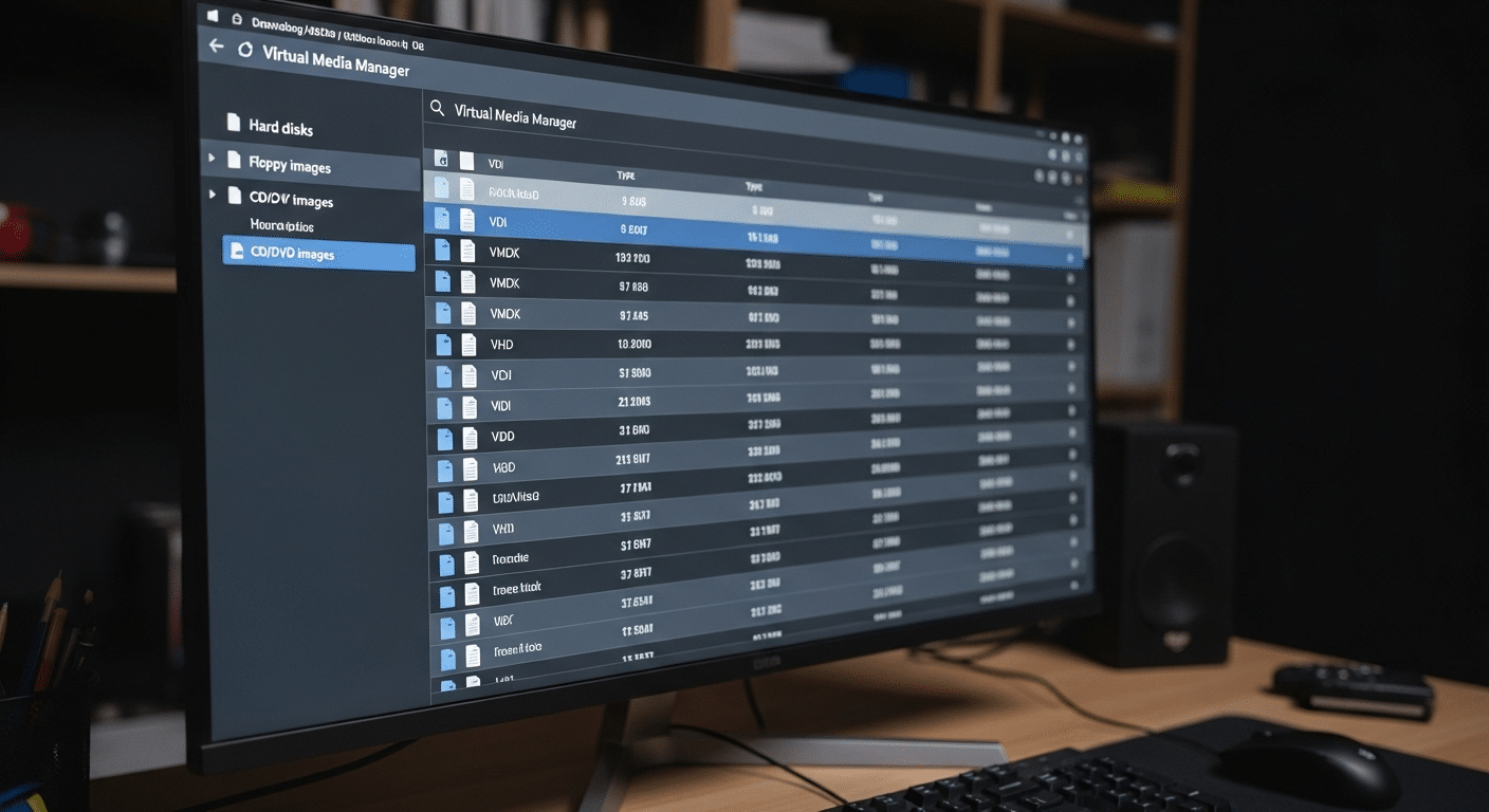 Developer workstation screen displaying VirtualBox Virtual Media Manager organizing multiple virtual disk image formats.