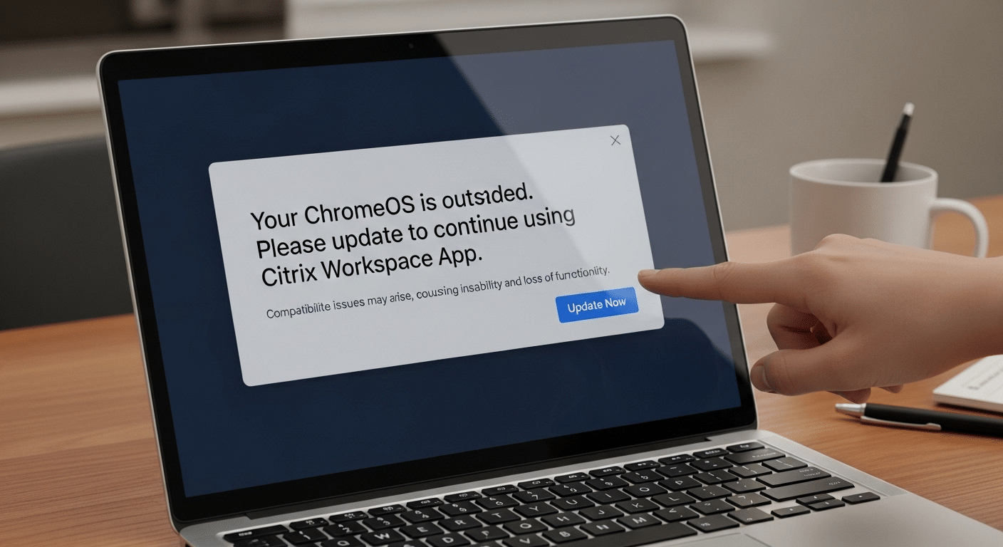 Outdated ChromeOS warning causing Citrix Workspace app compatibility issues on Chromebook.