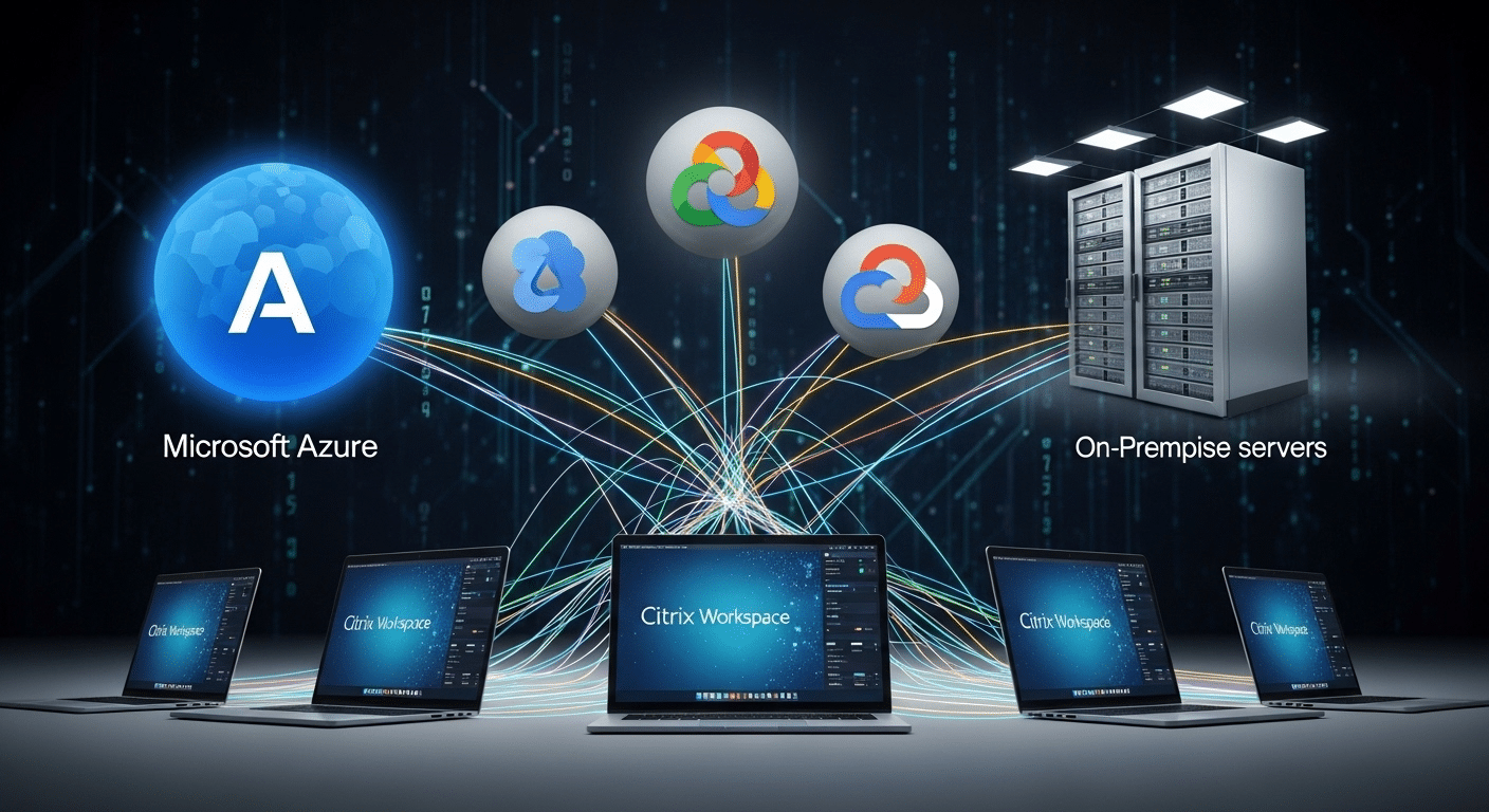 Cloud computing concept showing laptops connecting through Citrix client to Azure, Google Cloud, and on-premise enterprise servers.