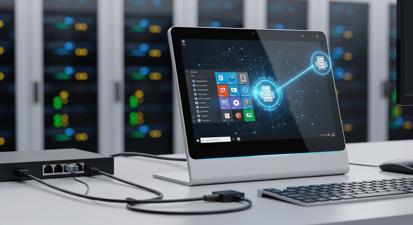 Thin client device connecting to a centralized VDI server with applications running remotely in a data center.