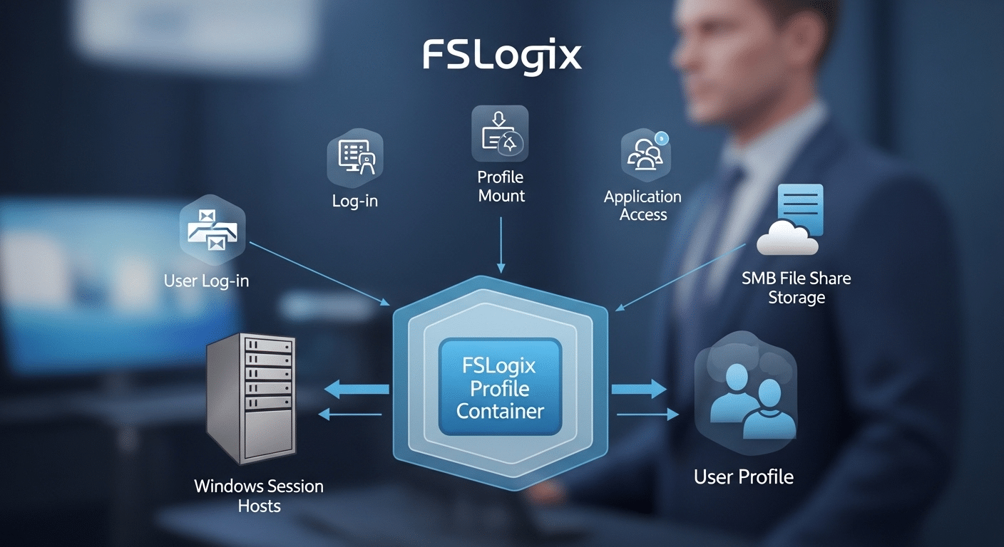 Technical illustration of FSLogix profile containers attaching user profiles to Windows session hosts in a virtual desktop environment.