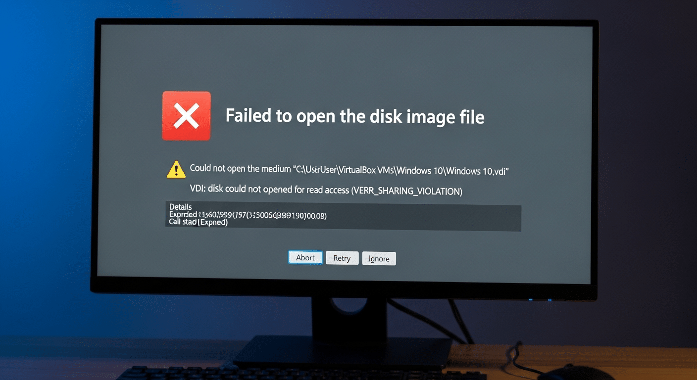 VirtualBox virtual machine error screen showing a VDI disk failing to load with warning icons and troubleshooting indicators.