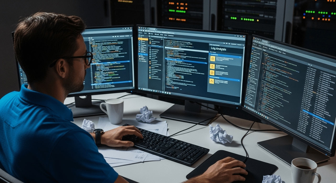 IT administrator analyzing Horizon connection logs and error messages while diagnosing remote desktop login issues.