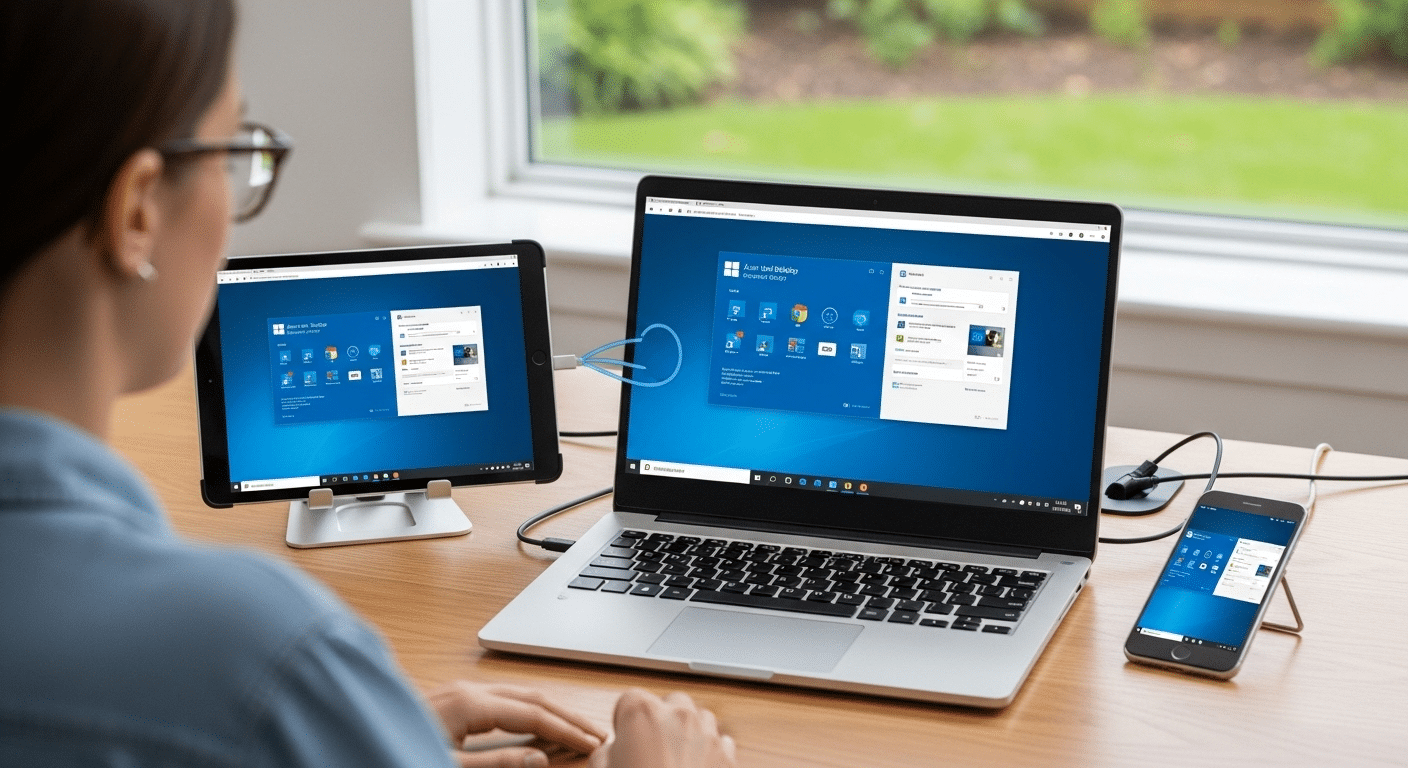 Remote worker connecting to Azure Virtual Desktop from laptop, tablet, and phone using Microsoft Remote Desktop client.