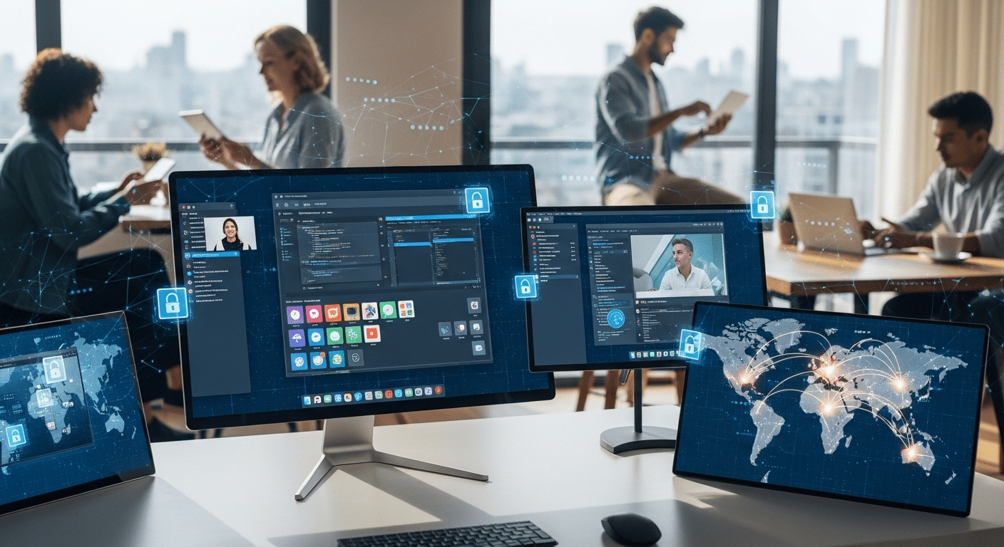 Cloud-hosted virtual desktop environment enabling remote workers to securely access their workspaces from different locations.