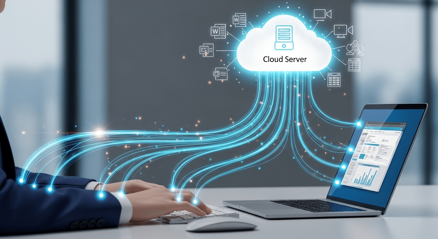 Concept graphic of remote work where user inputs travel to a cloud server running applications and the screen output streams back to the device.