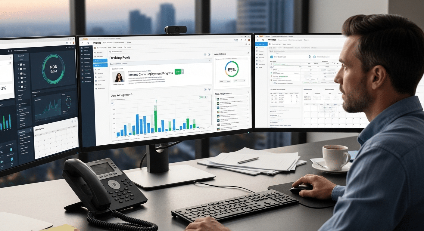 IT administrator managing VMware Horizon desktop pools from a control dashboard showing instant clone deployment and user assignments.
