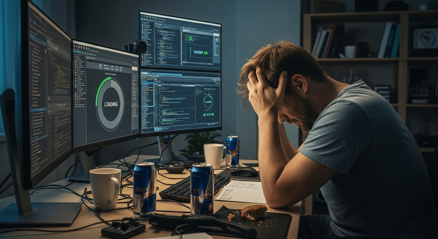 Frustrated developer facing slow performance while managing several local virtual machines on one device.