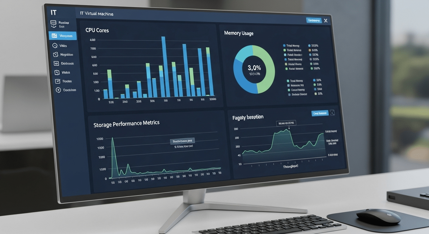 IT dashboard visualizing virtual machine resource allocation with CPU cores, memory usage, and storage performance metrics.