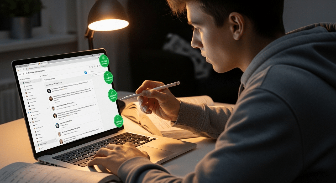 Student reviewing multiple homework answers on an online forum with verified badge icons next to some responses.