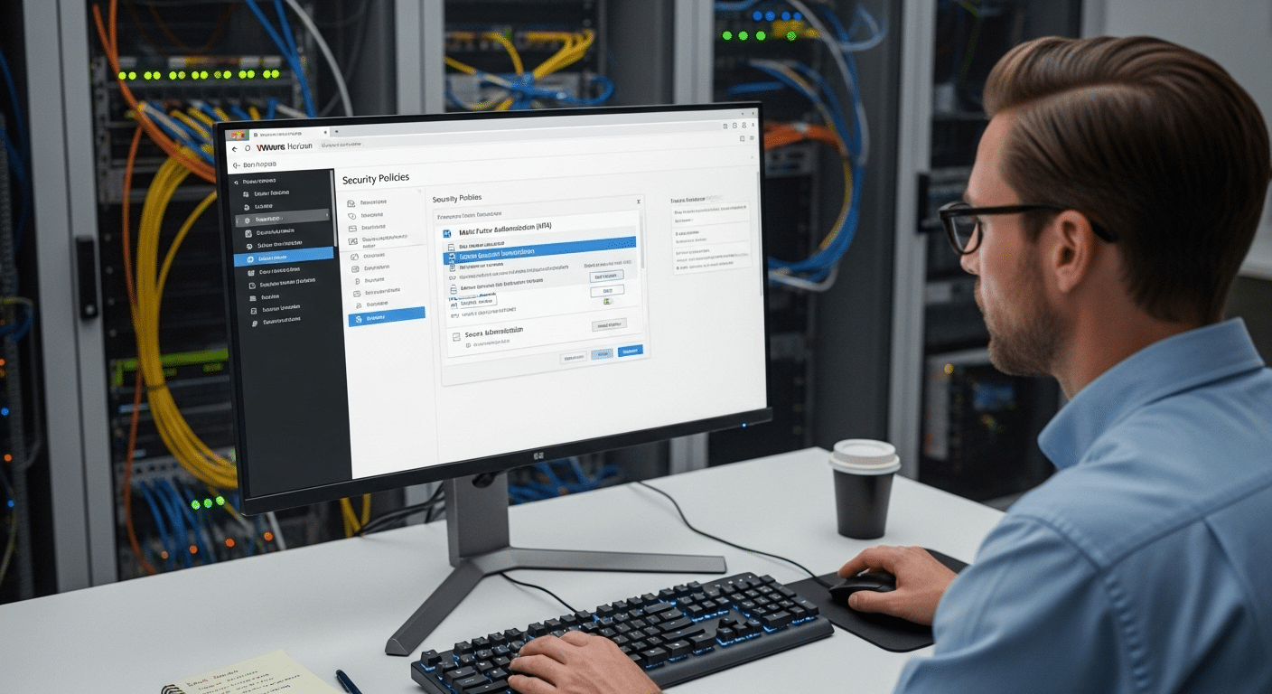 Enterprise IT administrator configuring VMware Horizon security policies including MFA, client version restrictions, and secure authentication settings.