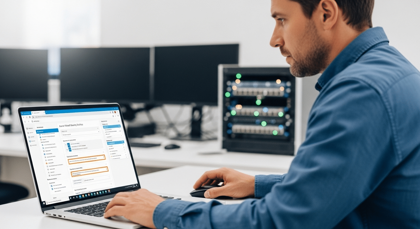 IT administrator managing centralized security policies for Azure Virtual Desktop through Azure portal with authentication and update controls.