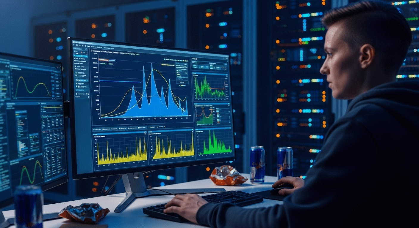 Developer stress-testing virtual machines with performance graphs highlighting speed vs resource balance.