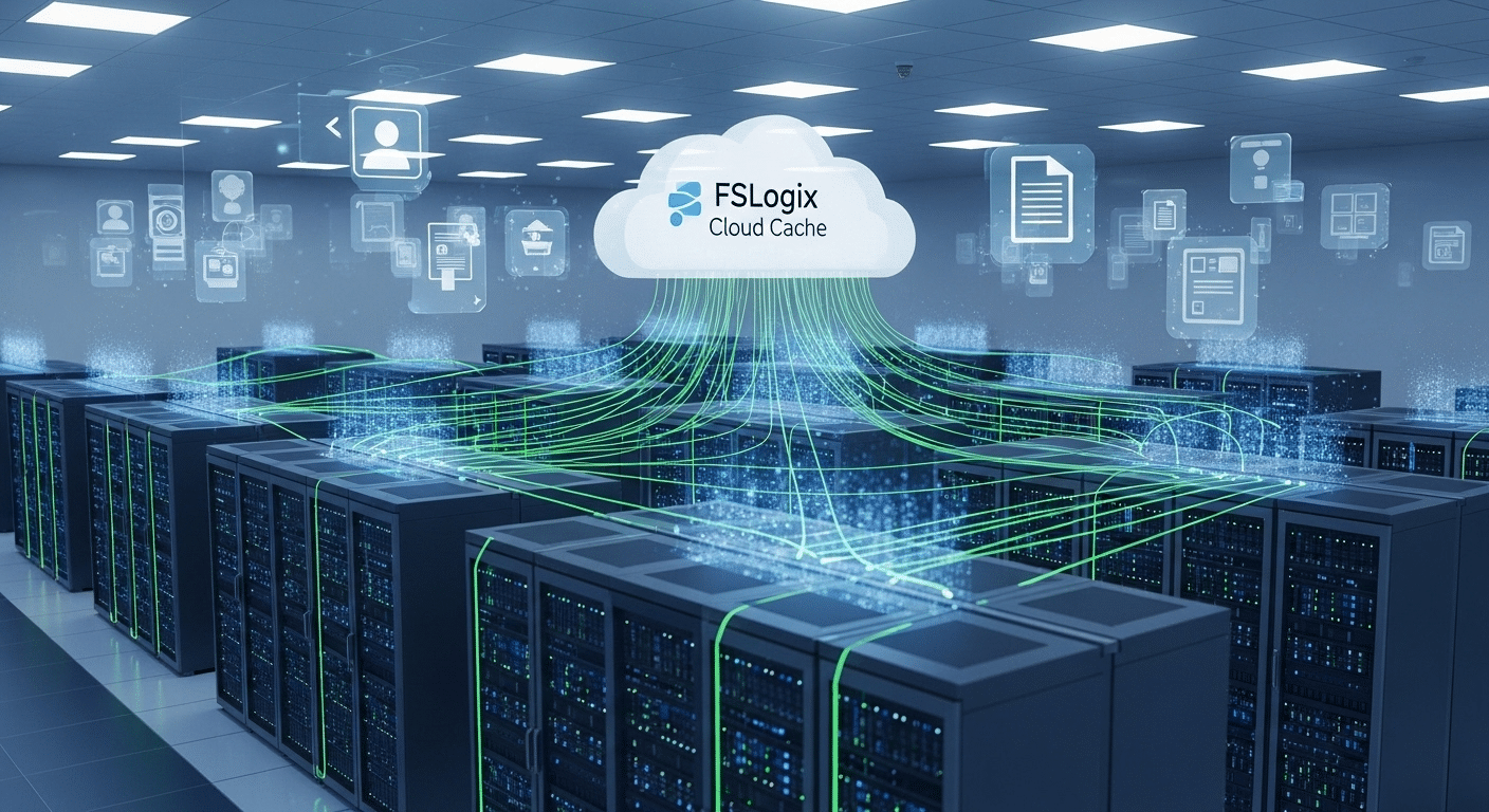 Enterprise VDI infrastructure with FSLogix Cloud Cache maintaining user profile availability across multiple data centers.