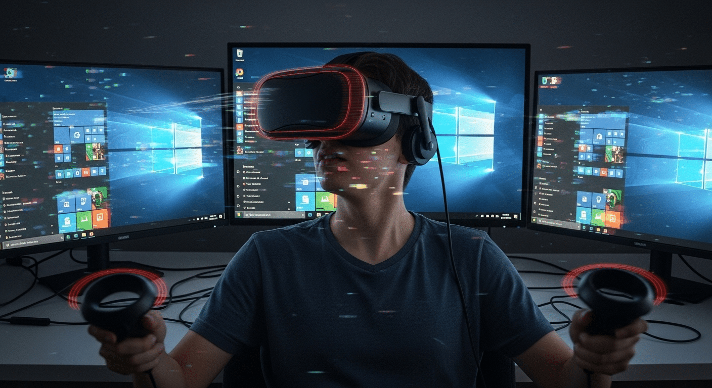 VR user experiencing lag and delayed head tracking while streaming a virtual desktop over a weak network connection.