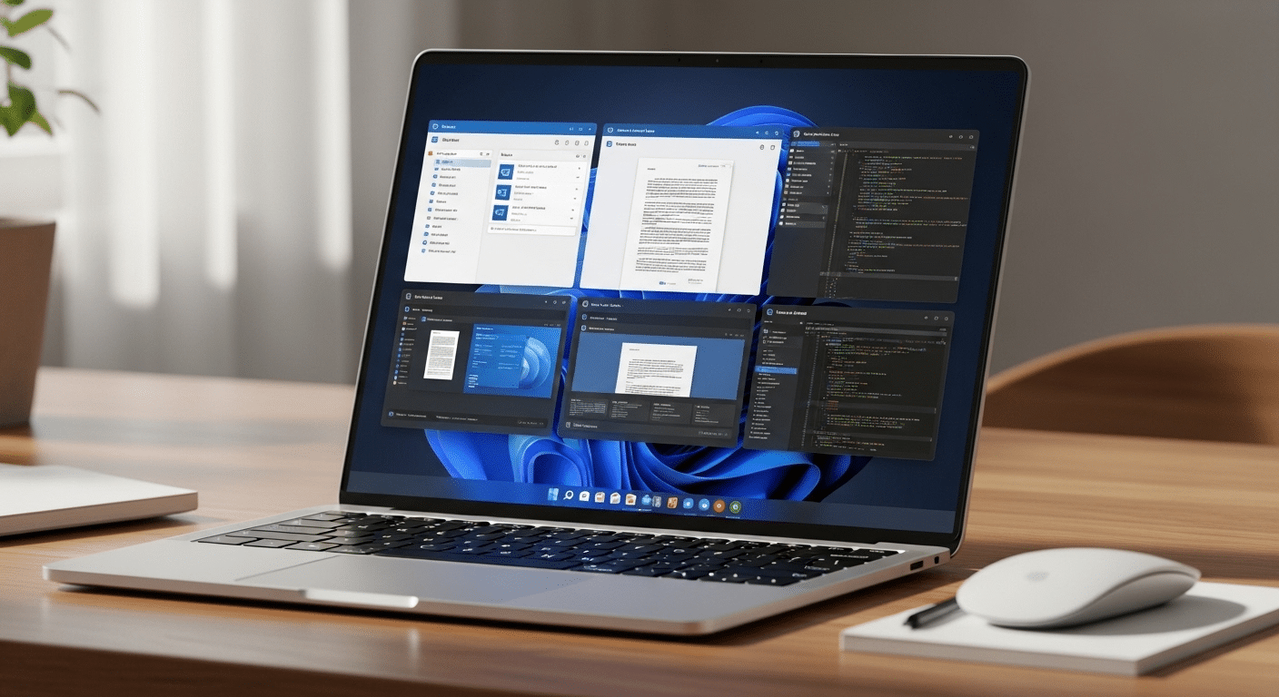 Laptop displaying several Windows virtual desktops for email, documents, and development tasks managed through Task View.