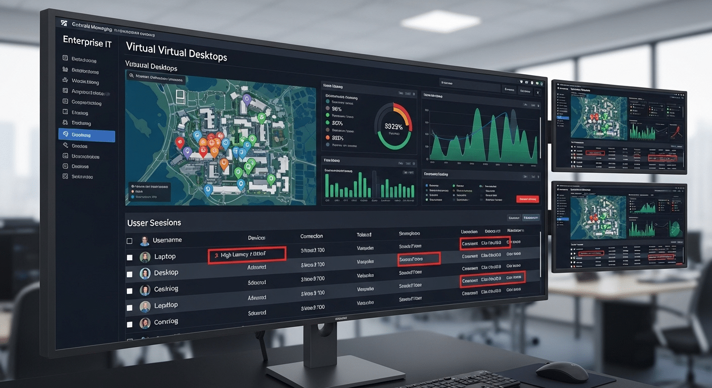 Enterprise IT dashboard centrally managing hundreds of virtual desktops for employees across multiple devices.