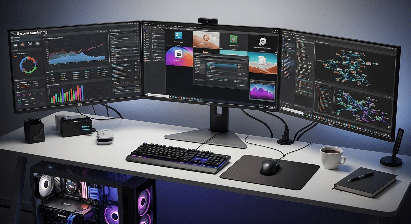 Professional workstation running VMware Workstation Pro with multiple high-performance virtual machines and system monitoring dashboards.