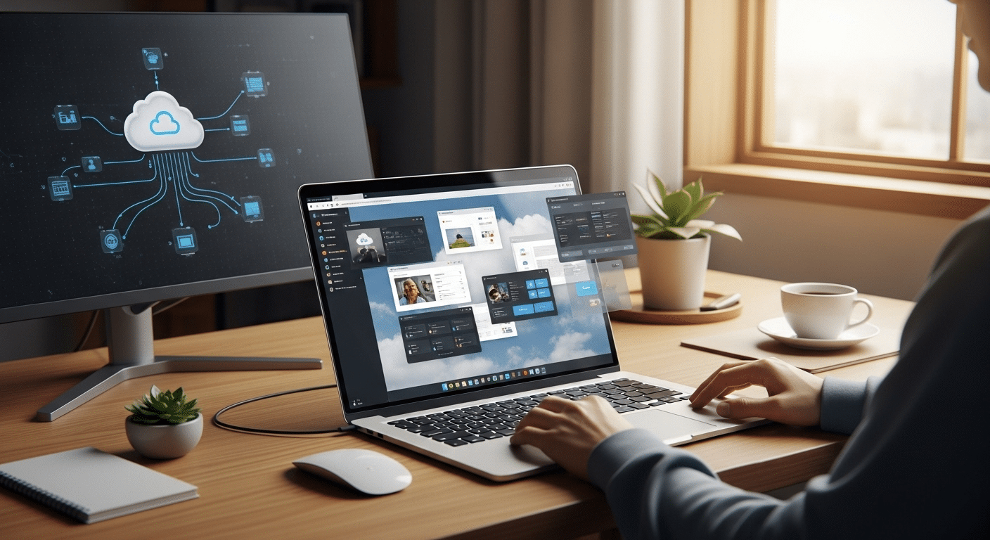 Modern remote work concept with laptops opening browser-based virtual desktops connected to secure cloud infrastructure.