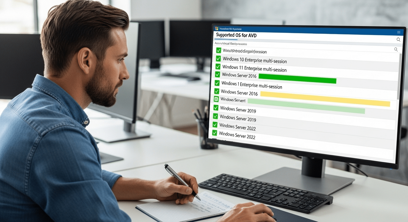 IT administrator reviewing supported Windows operating systems for Azure Virtual Desktop session hosts.
