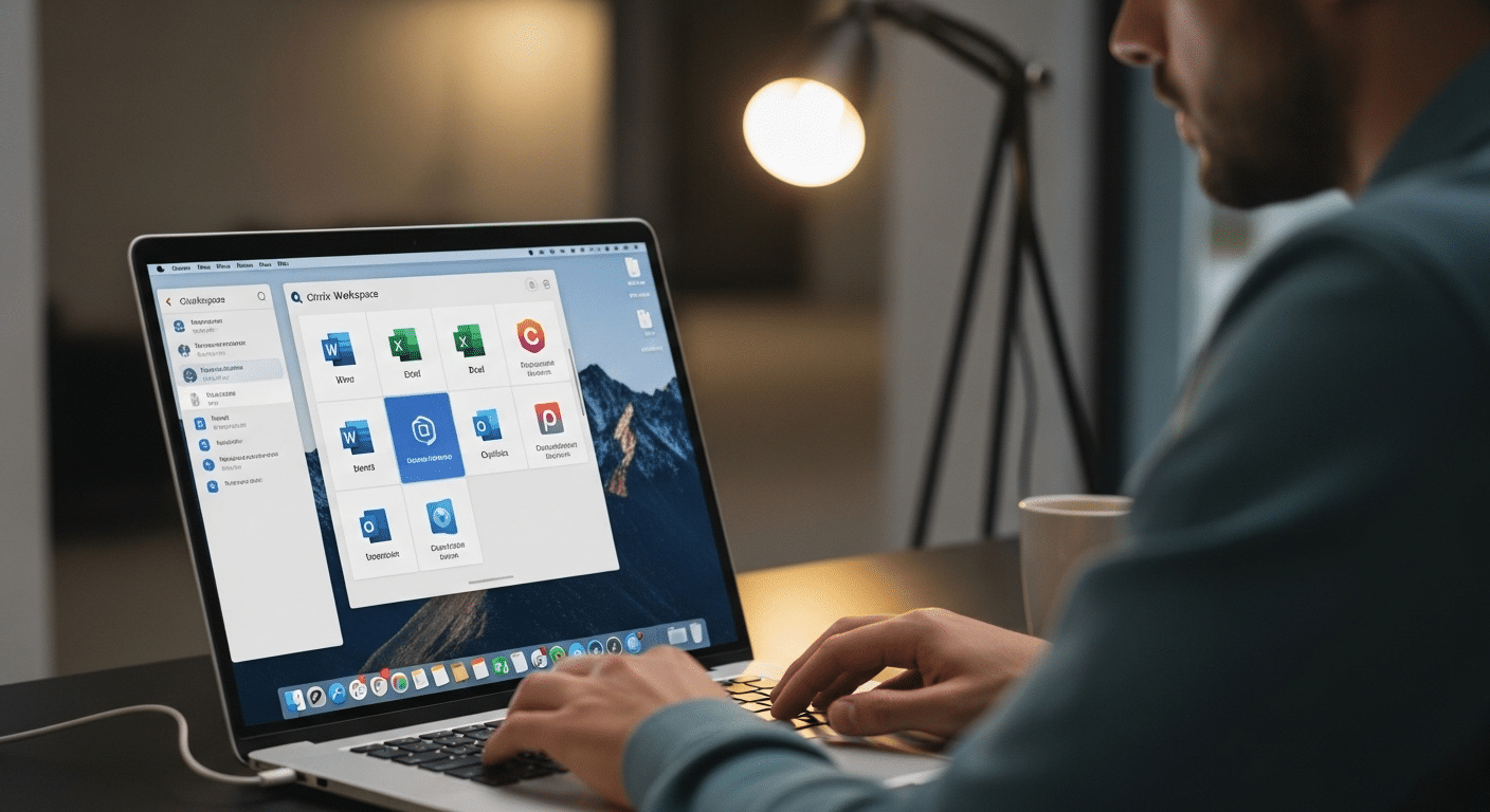 User working on macOS while accessing remote enterprise applications through Citrix Workspace interface.