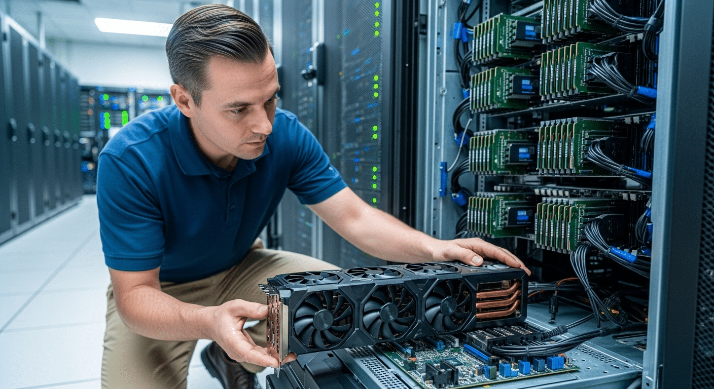 IT engineer installing a data center GPU into a PCIe slot of a high-performance virtualization server.