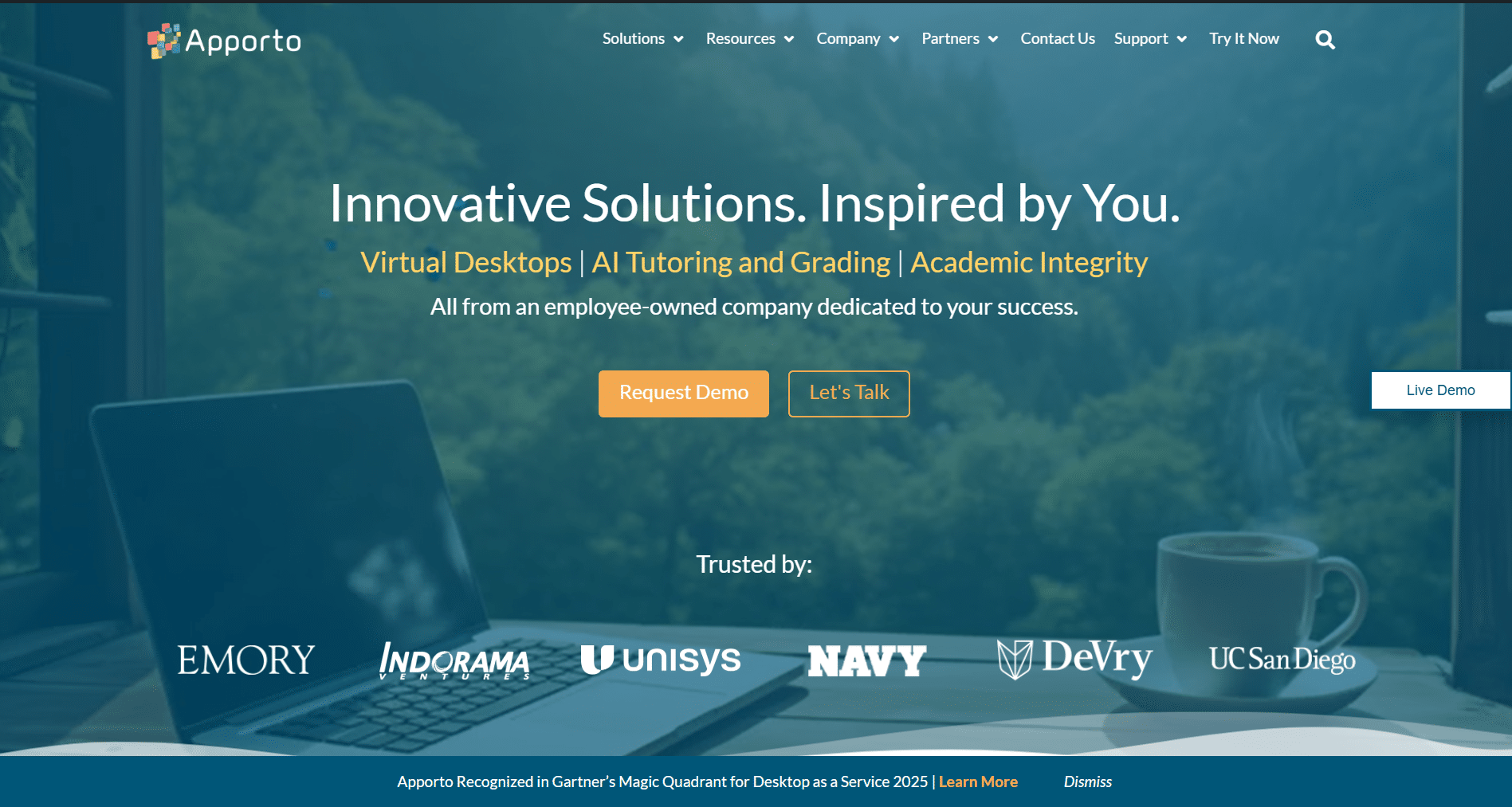 Apporto homepage showcasing virtual desktop solutions with call-to-action buttons and trusted partner logos.