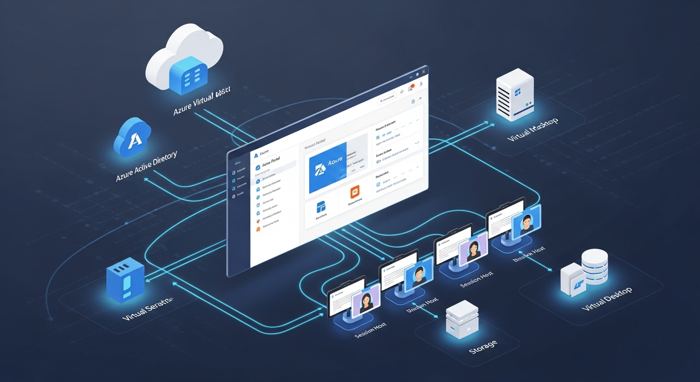 Modern cloud infrastructure visualization of Azure Virtual Desktop environment with Azure portal management, identity services, and session hosts.