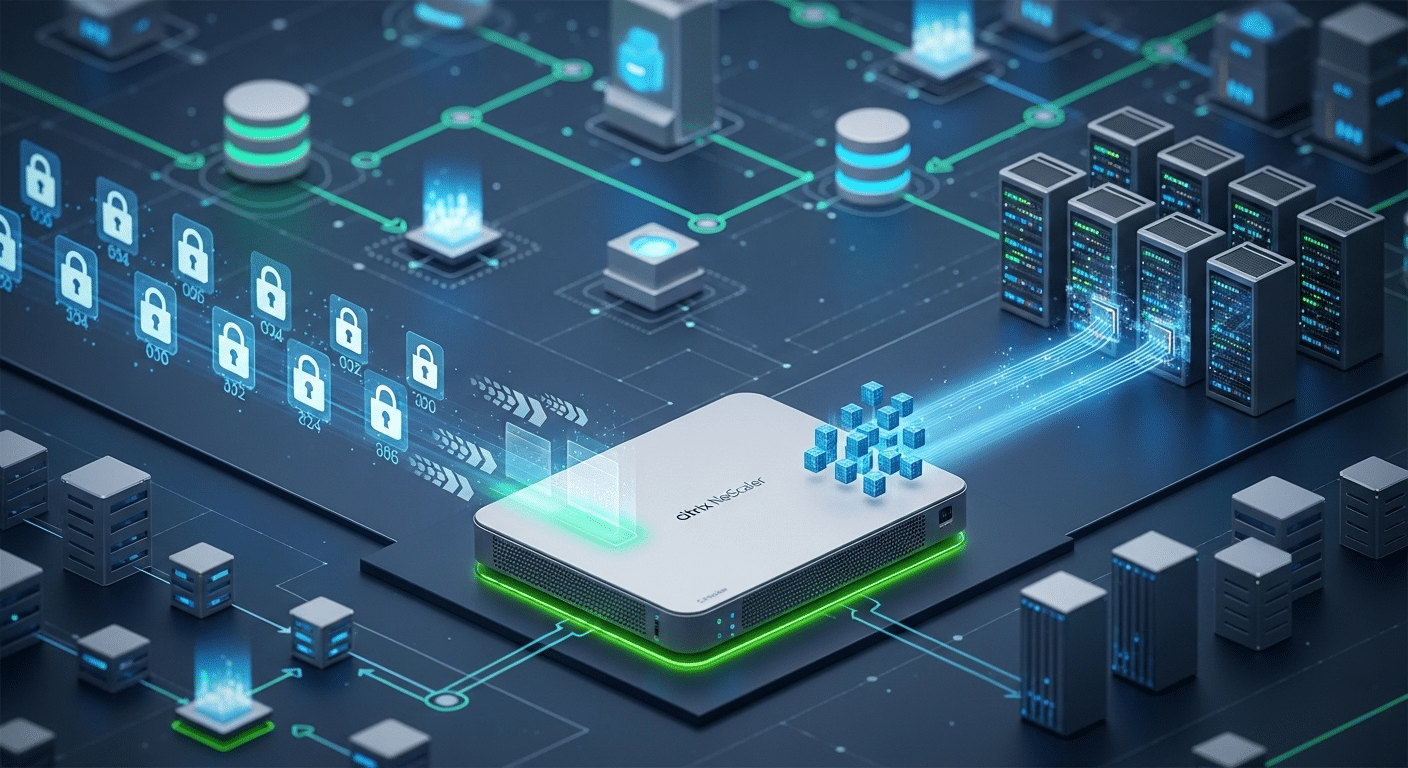 Enterprise cloud infrastructure with Citrix NetScaler handling encryption and traffic optimization before requests reach application servers.