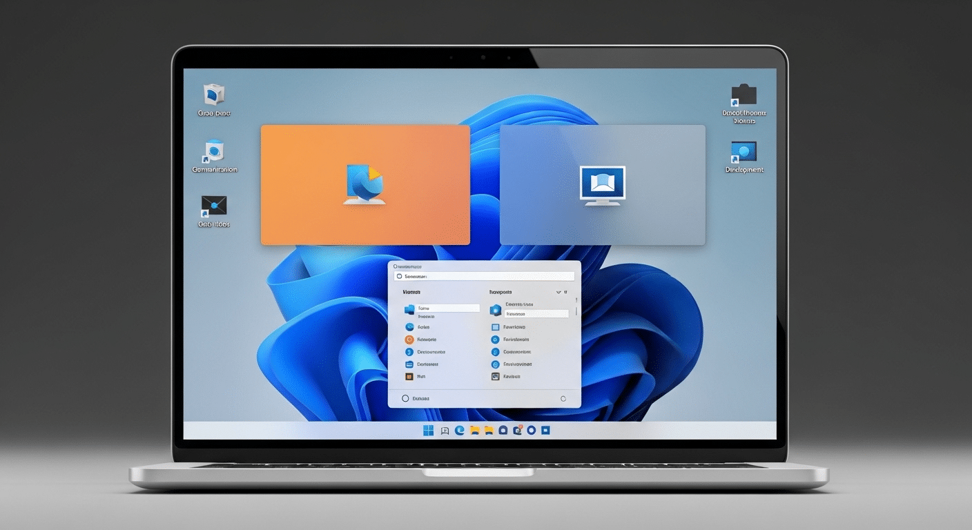 Laptop screen displaying Windows 11 virtual desktops with separate backgrounds for communication, documents, and development tasks.