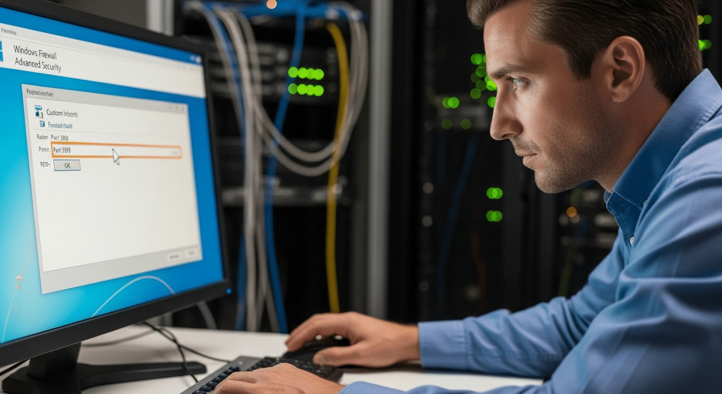 IT administrator configuring Remote Desktop settings on a Windows virtual machine with firewall rules and RDP port 3389 highlighted.