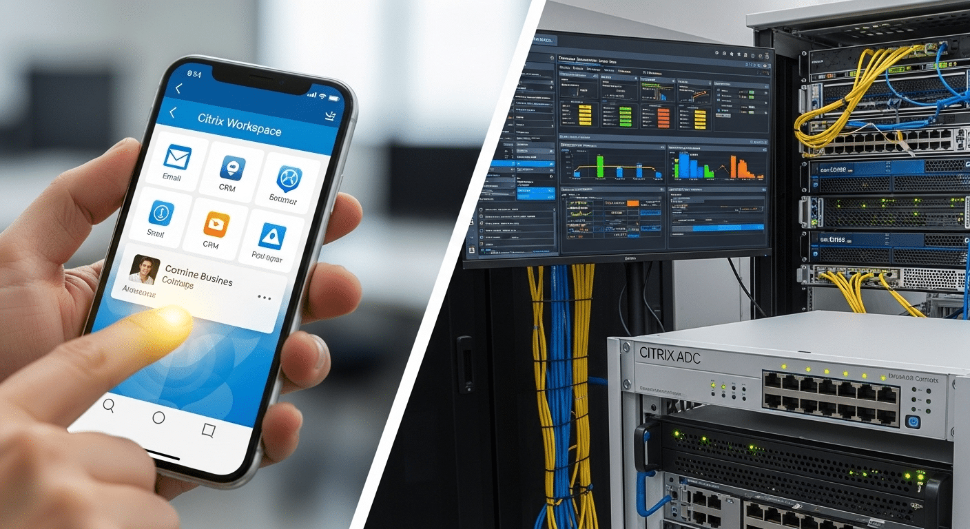 User device accessing enterprise apps through Citrix client while backend infrastructure shows ADC, virtualization servers, and centralized management tools.