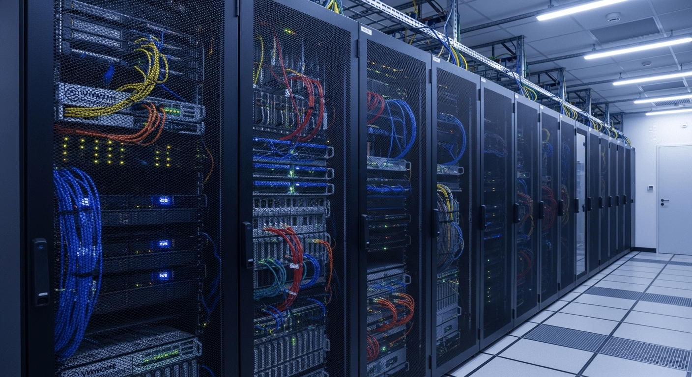 Modern enterprise data center with VMware hosts and networking hardware optimized for virtual desktop workloads and Horizon infrastructure.