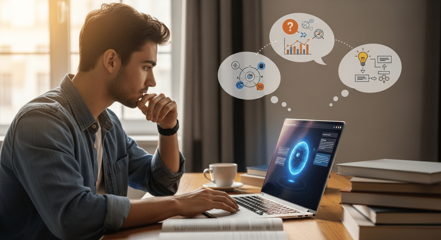 Student discussing complex ideas with an AI assistant on a laptop, with thought bubbles showing questions, analysis, and problem solving.