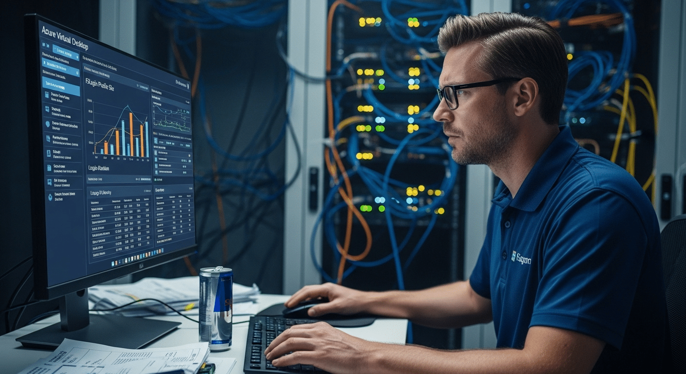 IT admin analyzing slow Azure Virtual Desktop login caused by large FSLogix profile containers and storage latency.