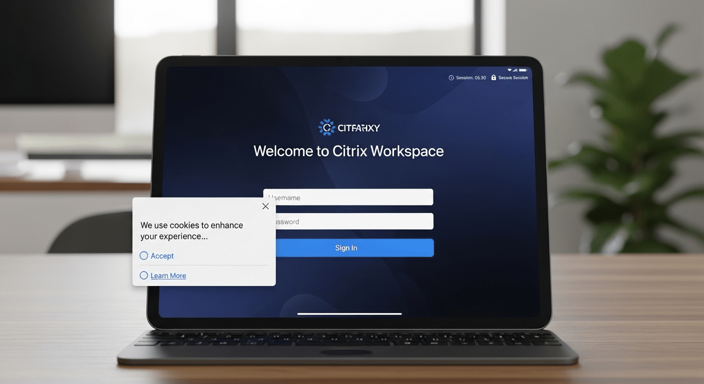 iPad displaying Citrix Workspace login with cookie consent popup and session tracking indicators.
