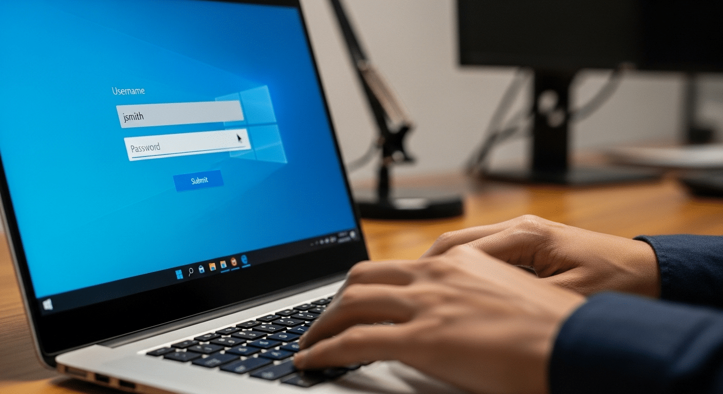 IT user authenticating with username and password to access a remote Windows VM through Remote Desktop Protocol.