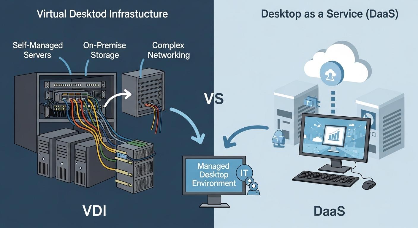 Modern cloud computing comparison between VDI and DaaS, featuring servers, storage, networking, and managed desktop environments.