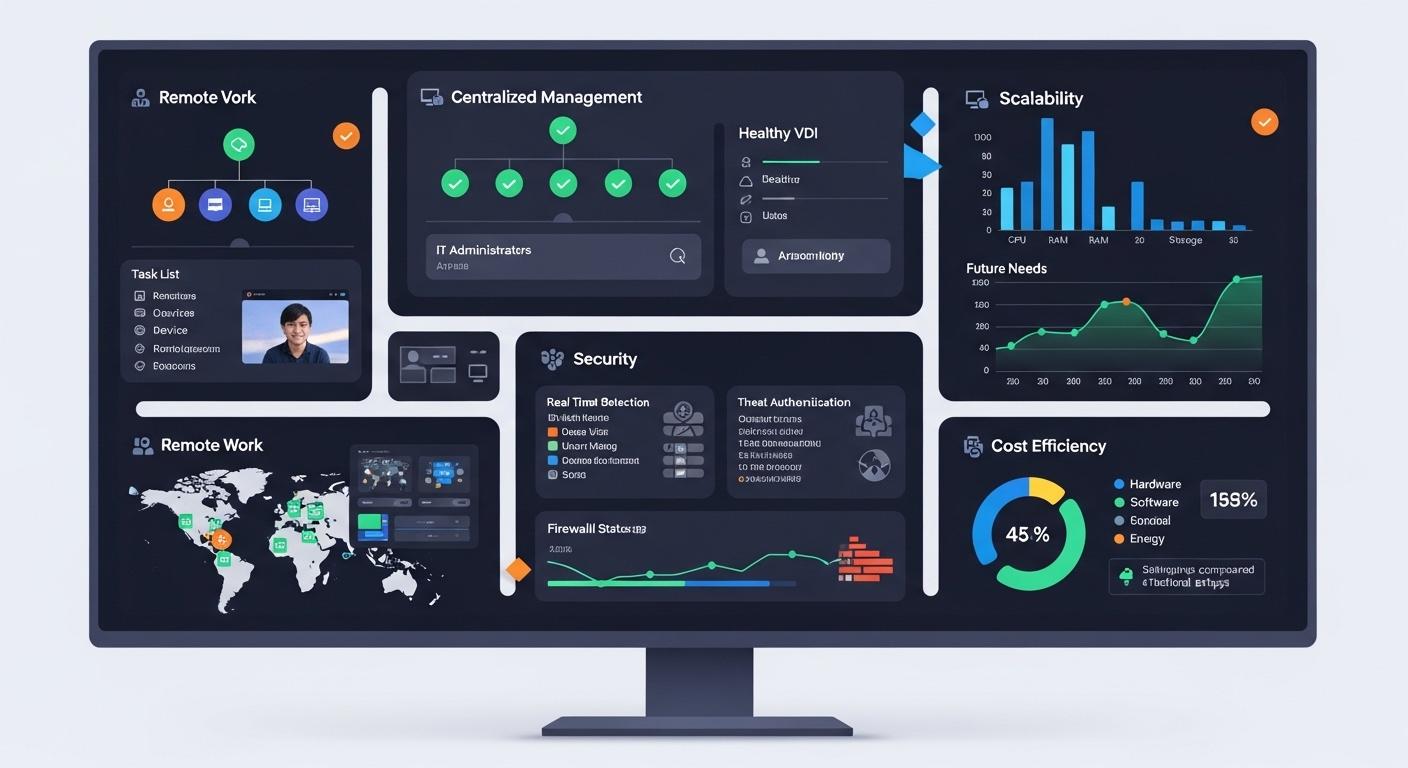 Enterprise virtual desktop infrastructure dashboard highlighting security, remote work, centralized management, scalability, and cost efficiency in a single visual.