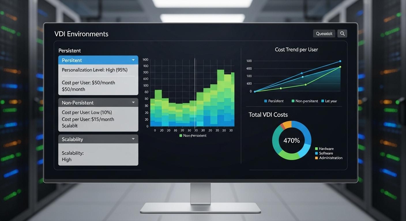 IT management dashboard visualizing persistent and non-persistent VDI environments with differences in personalization, cost, and scalability
