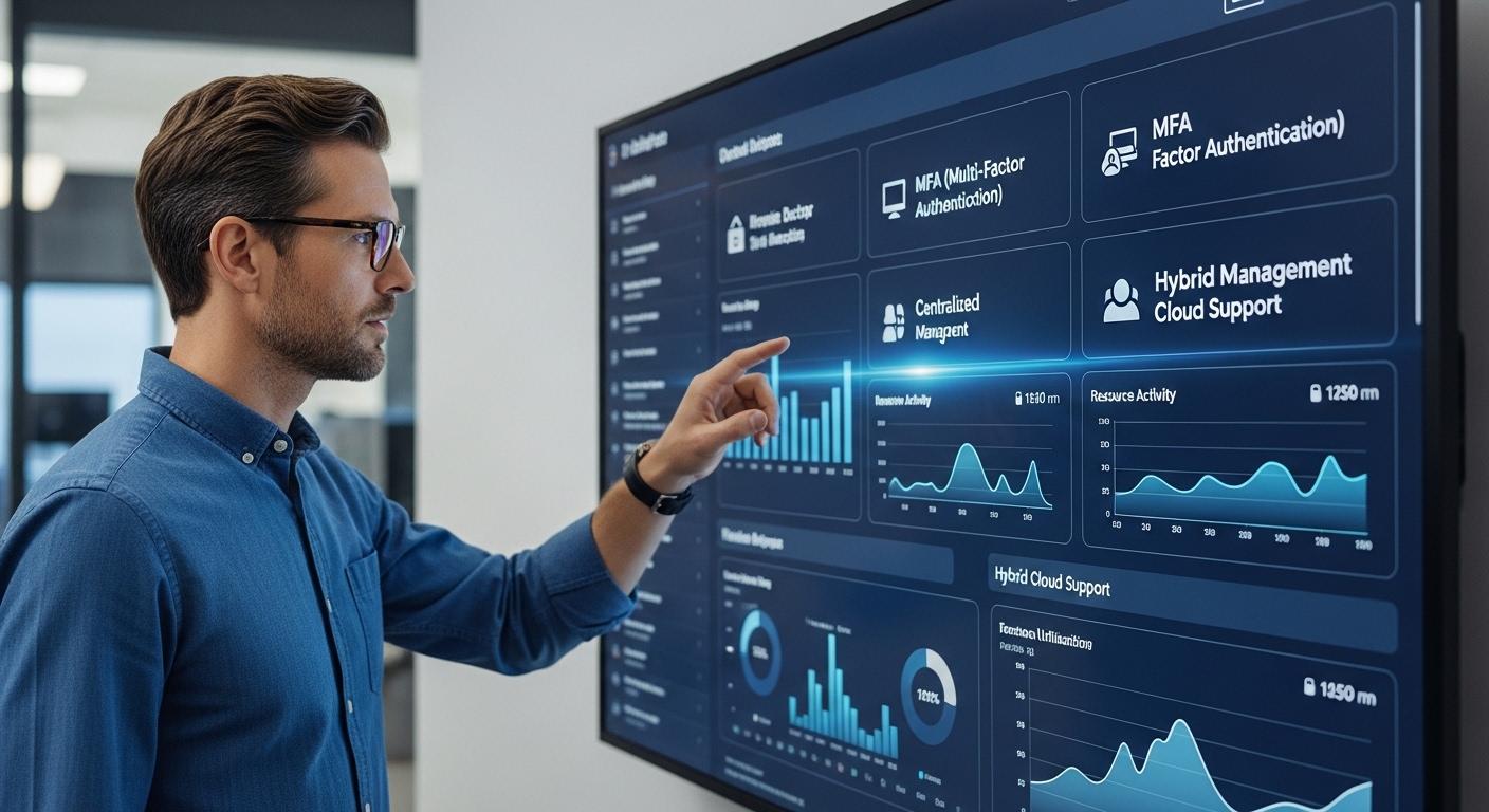IT administrator evaluating virtual desktop platform features including browser access, MFA, centralized management, and hybrid cloud support on a modern dashboard.