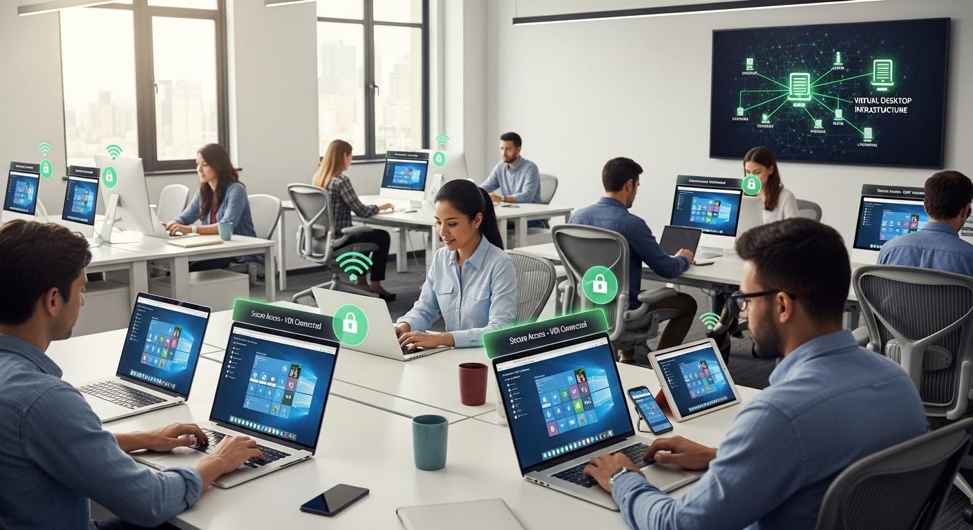 BYOD workplace environment showing multiple personal devices connected to a centralized virtual desktop infrastructure with secure access controls.