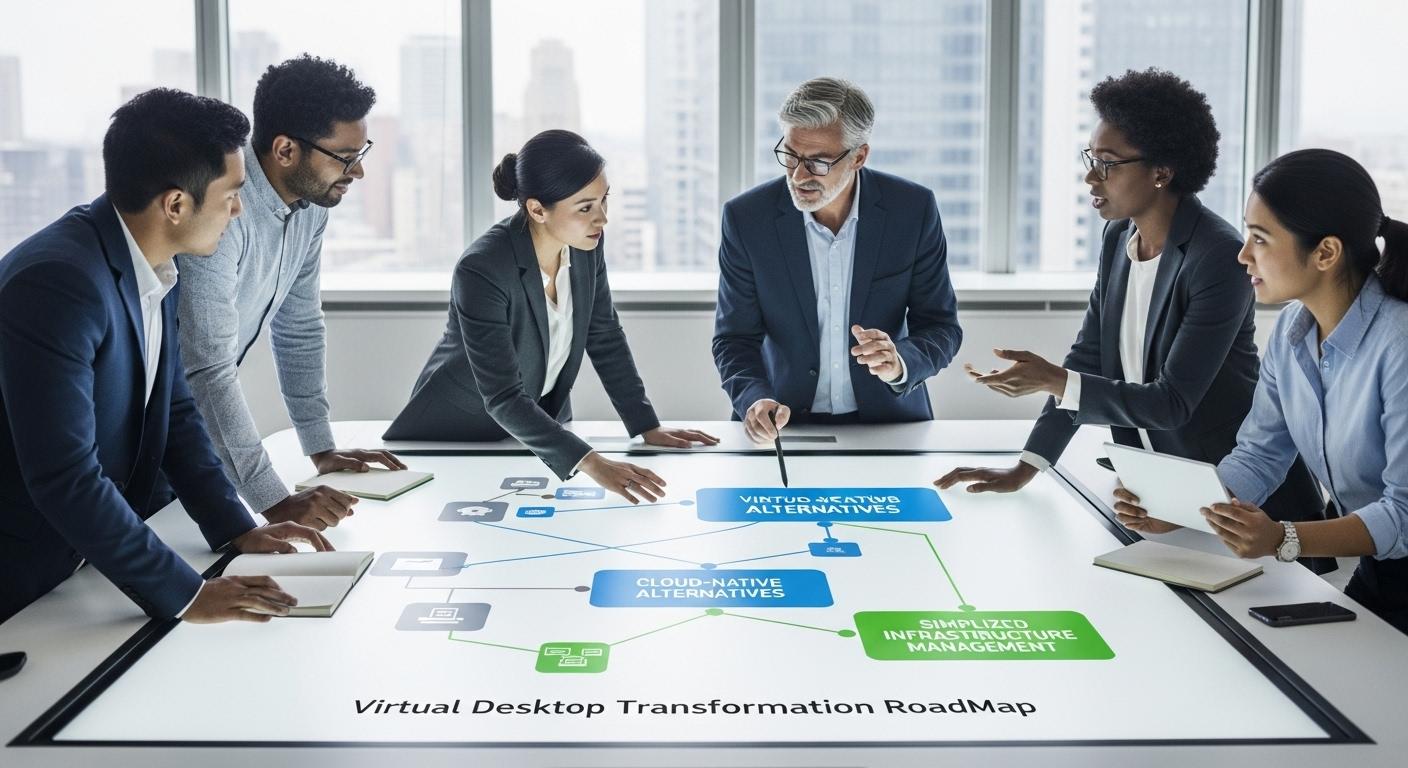 Business leaders reviewing virtual desktop transformation roadmap with cloud-native alternatives and simplified infrastructure management.