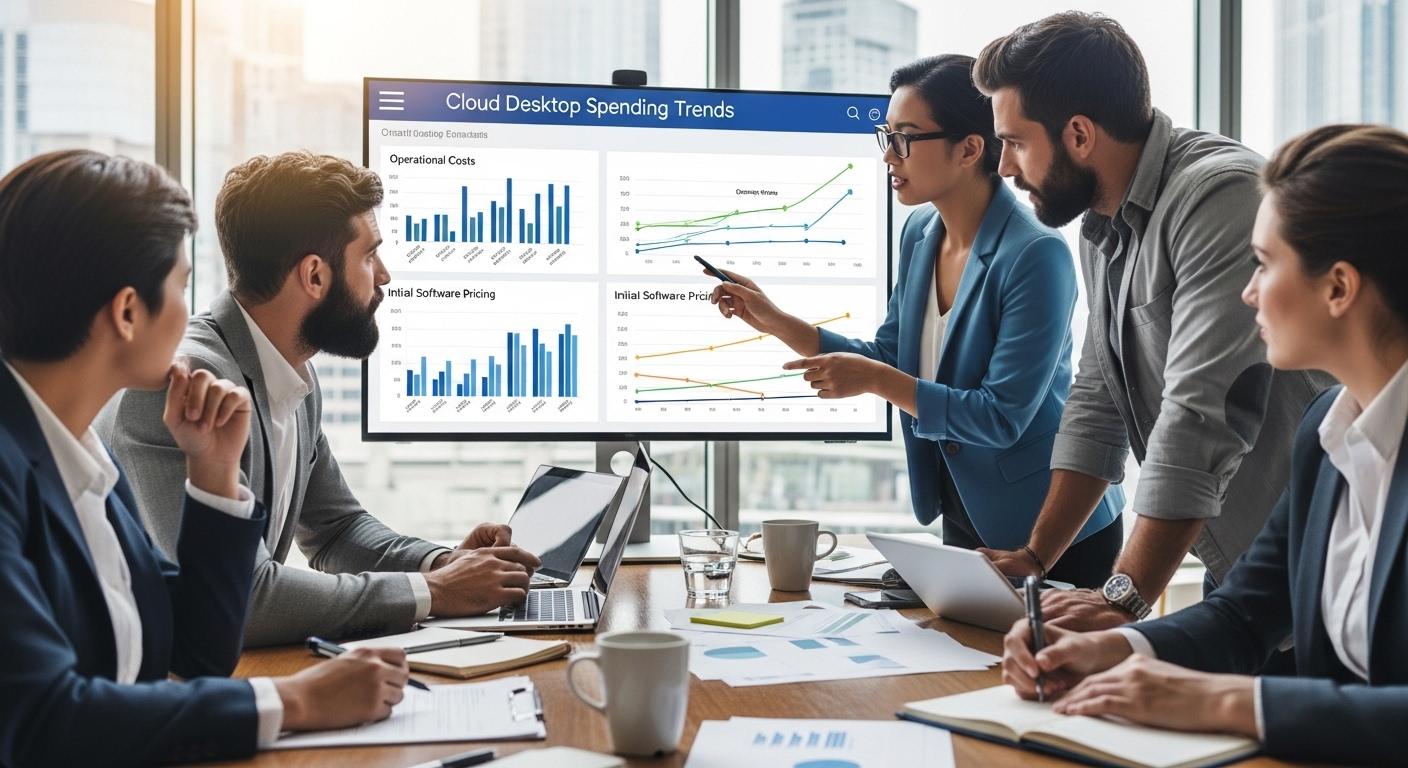 Business finance and IT teams reviewing cloud desktop spending trends, highlighting operational costs versus initial software pricing.