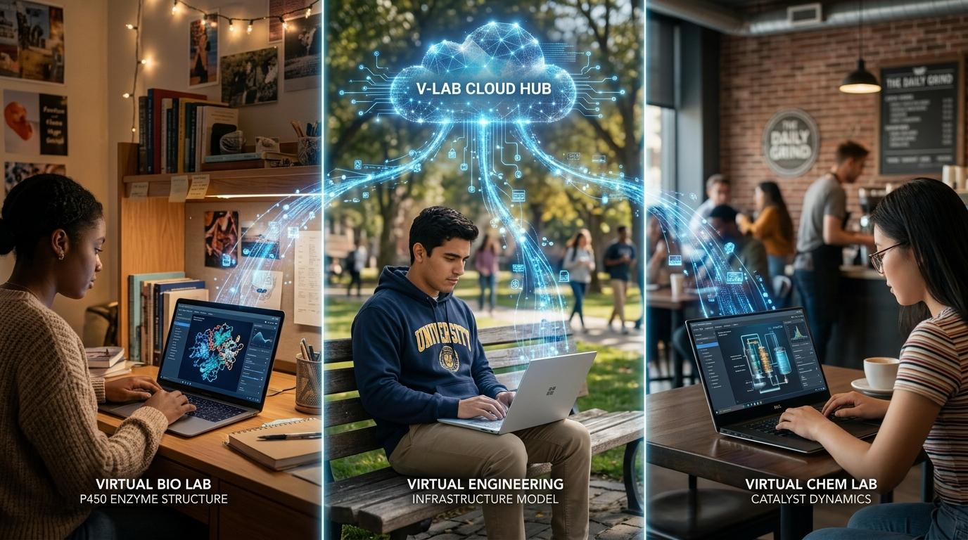 University students using remote virtual lab software from different locations, connected through a centralized cloud infrastructure