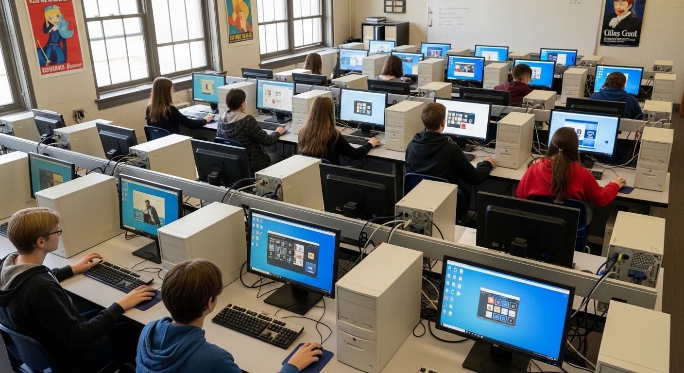 School computer lab using older PCs as thin clients connected to modern virtual desktop environments in the cloud.