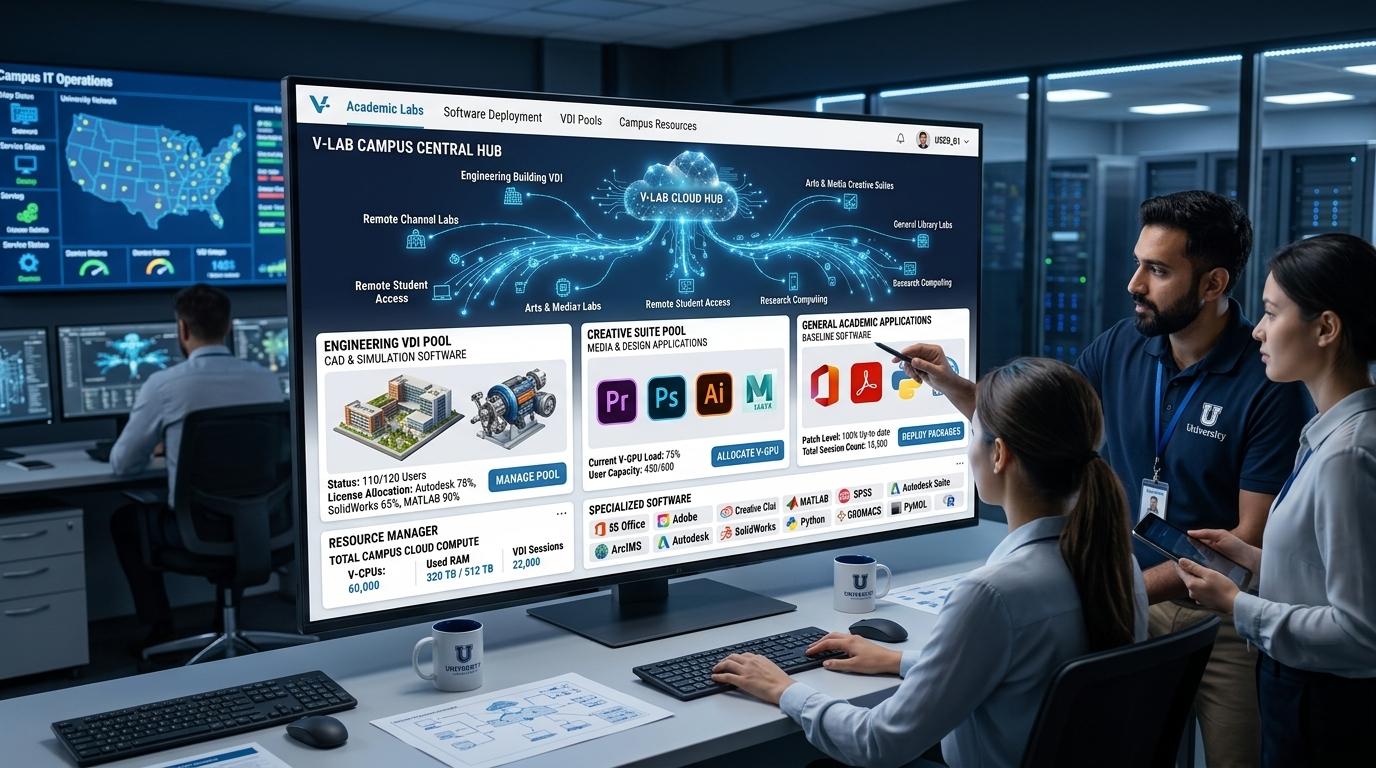 Campus IT team managing academic software through centralized cloud infrastructure instead of maintaining physical computer labs