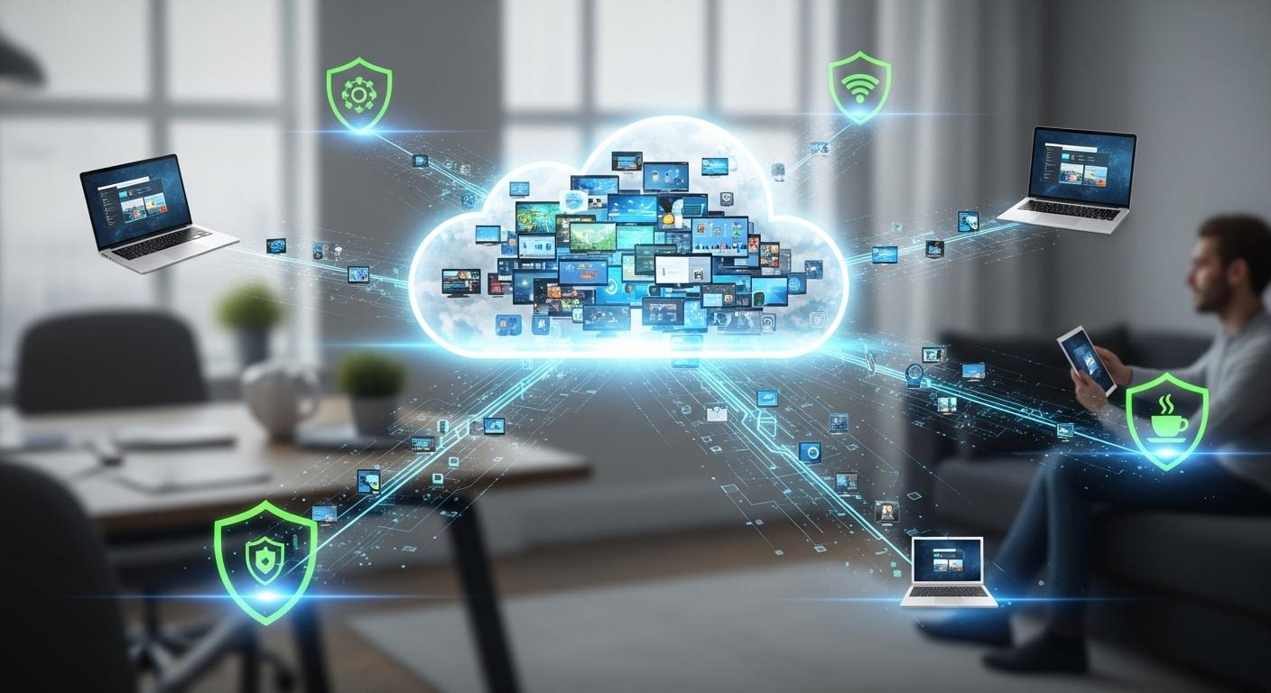 Modern virtual desktop infrastructure concept showing cloud-hosted desktops securely accessed from laptops, tablets, and remote work locations.