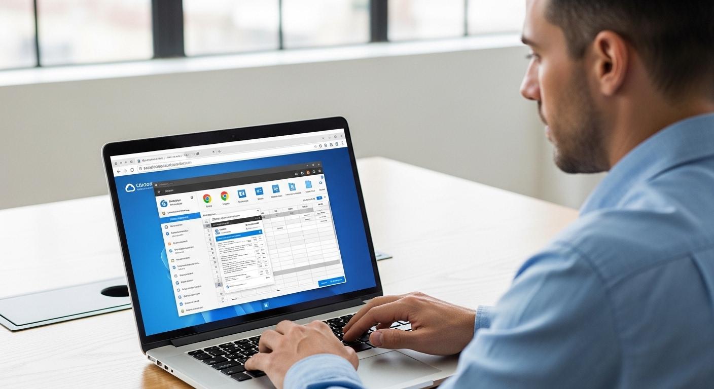 Professional accessing a cloud-hosted virtual desktop directly through a web browser on a laptop, illustrating browser-based remote access without client software.
